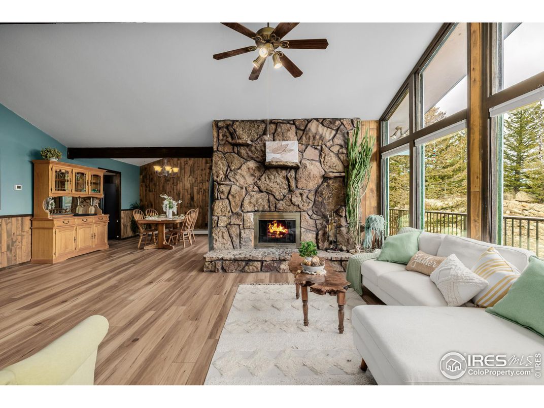 Dining room, Fireplace, Interior, Living room, Stone Walls, Wood Texture Flooring