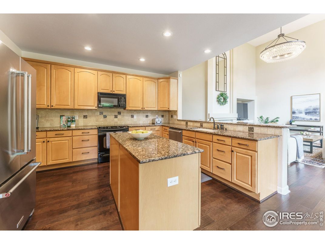 Chandelier, Interior, Kitchen, Recessed Lighting, Stainless Steel Appliances, Wood Texture Flooring