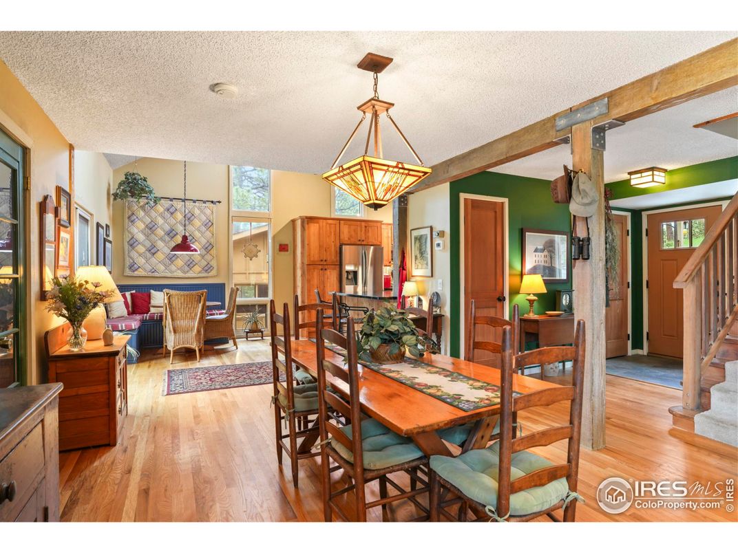Dining room, Interior, Kitchen, Living room, Pendant Lights, Wooden Beams, Wood Texture Flooring