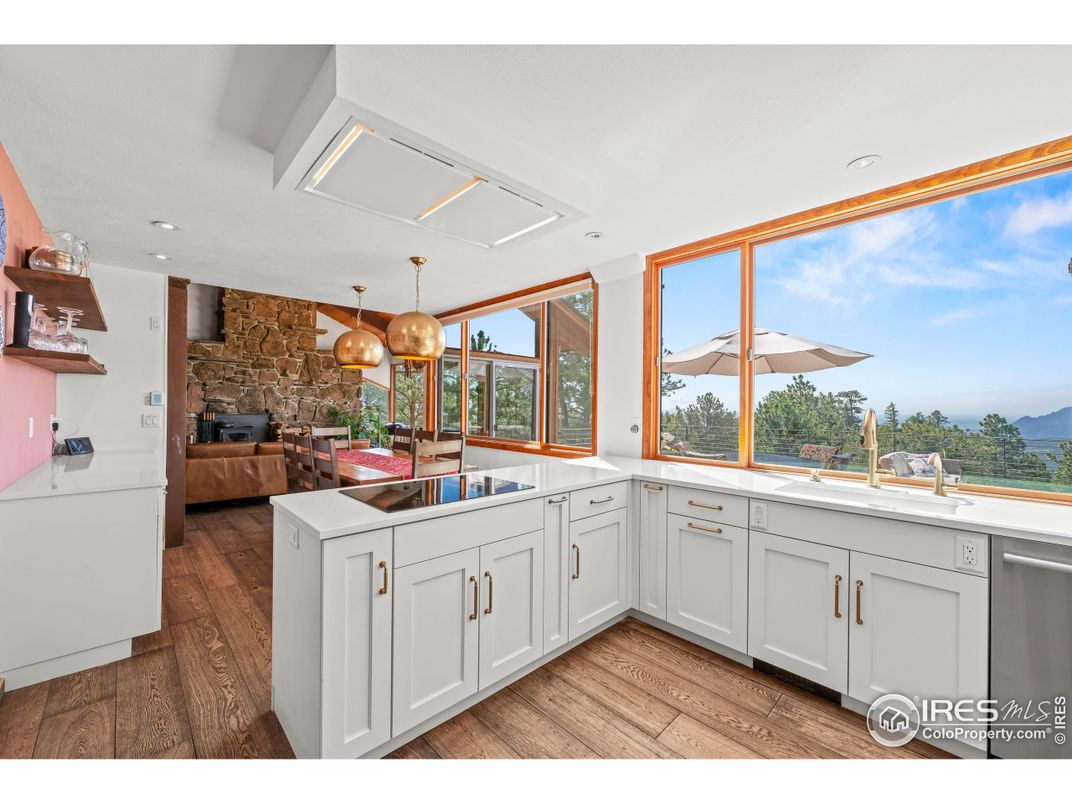 Interior, Kitchen, Pendant Lights, Recessed Lighting, Stone Walls, Wood Texture Flooring