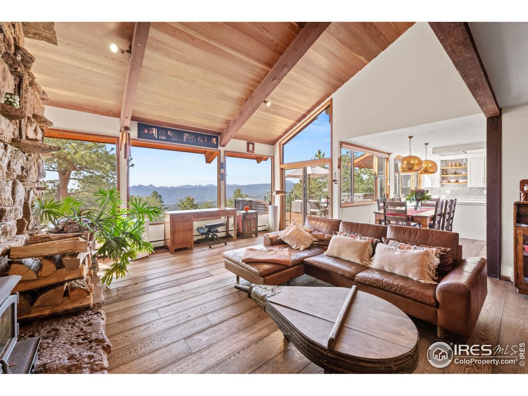 Chandelier, Dining room, Interior, Living room, Recessed Lighting, Wooden Beams, Wooden Ceilings, Wood Texture Flooring