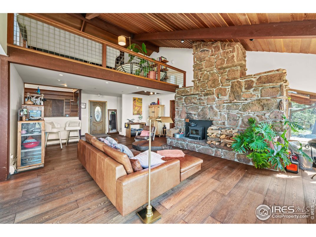 Fireplace, Interior, Living room, Recessed Lighting, Stone Walls, Wooden Beams, Wooden Ceilings, Wood Texture Flooring