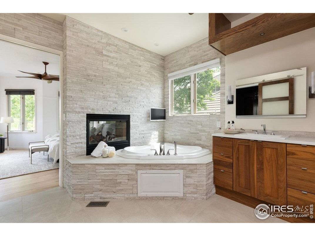 Bathroom, Fireplace, Interior, Recessed Lighting, Wood Texture Flooring