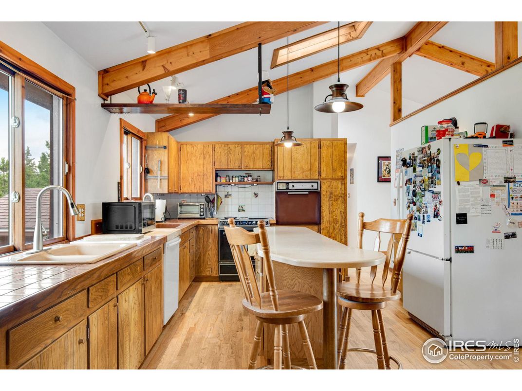 Interior, Kitchen, Pendant Lights, Tile Countertops, Wooden Beams, Wood Texture Flooring