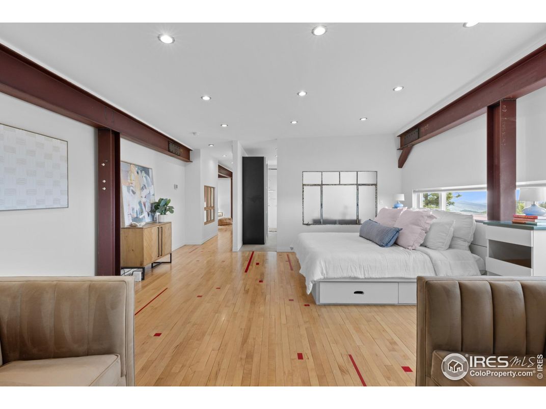 Bedroom, Interior, Recessed Lighting, Water, Wooden Beams, Wood Texture Flooring