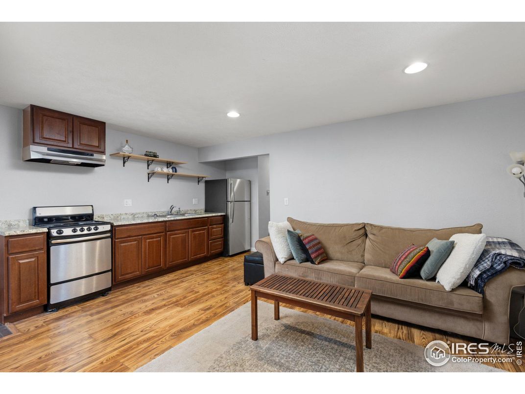 Interior, Kitchen, Living room, Recessed Lighting, Stainless Steel Appliances, Wood Texture Flooring