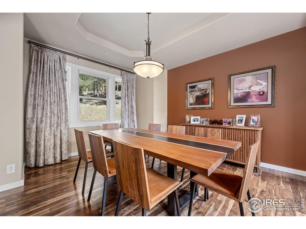 Dining room, Interior, Pendant Lights, Wood Texture Flooring