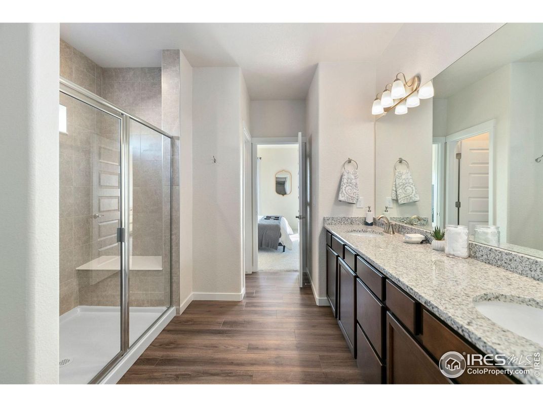 Bathroom, Dual Sink Vanities, Glass Shower, Interior, Wood Texture Flooring