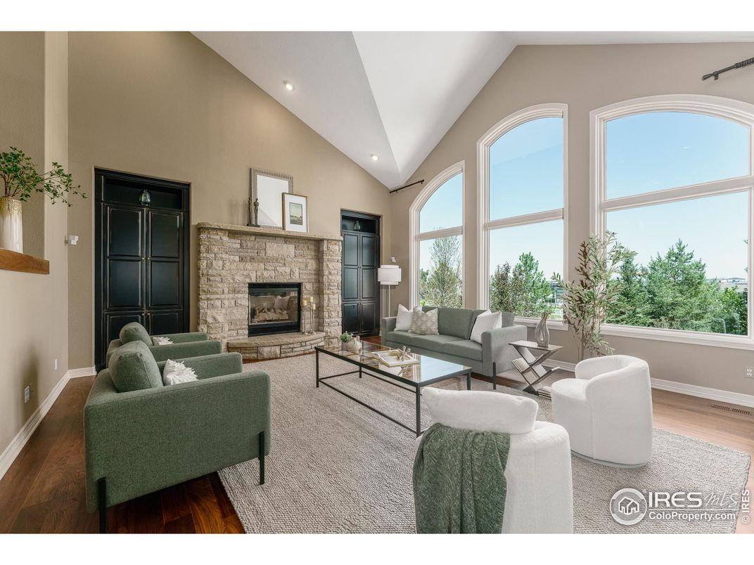 Fireplace, Interior, Living room, Recessed Lighting, Stone Walls, Wood Texture Flooring