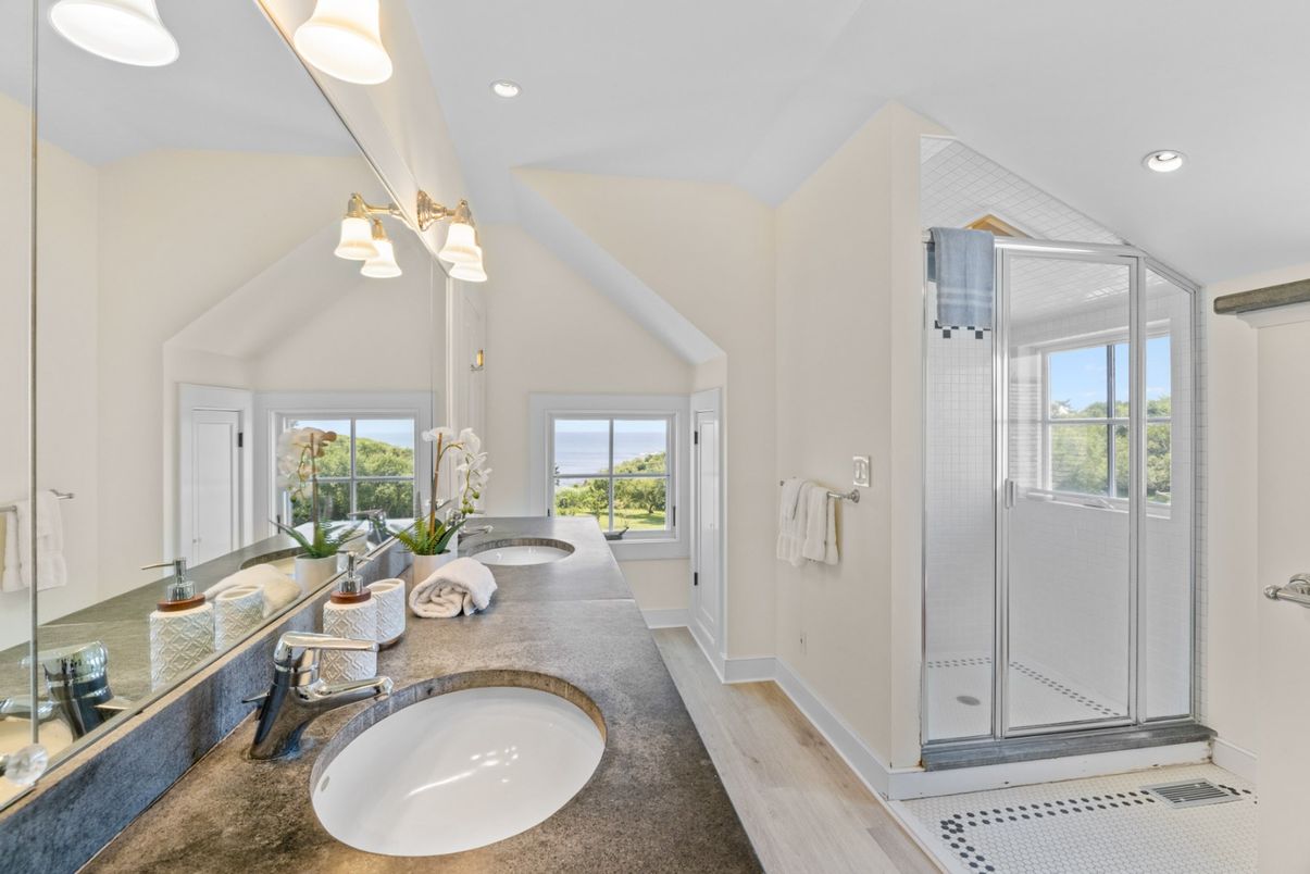 Bathroom, Dual Sink Vanities, Glass Shower, Interior, Recessed Lighting, Wood Texture Flooring