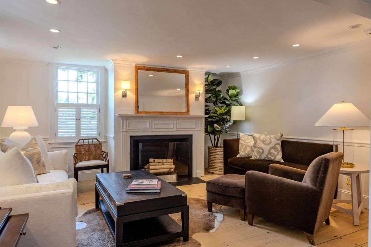 Fireplace, Interior, Living room, Recessed Lighting, Wood Texture Flooring
