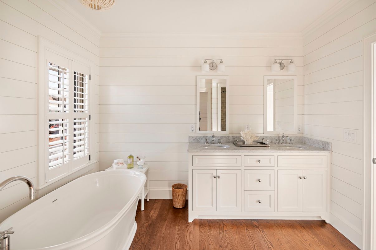 Bathroom, Dual Sink Vanities, Free Standing Baths, Interior, Wood Texture Flooring