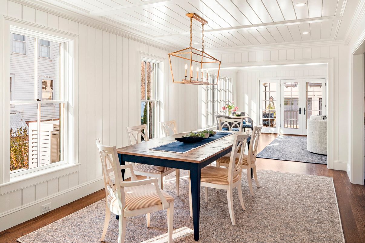 Dining room, Interior, Pendant Lights, Recessed Lighting, Wood Texture Flooring