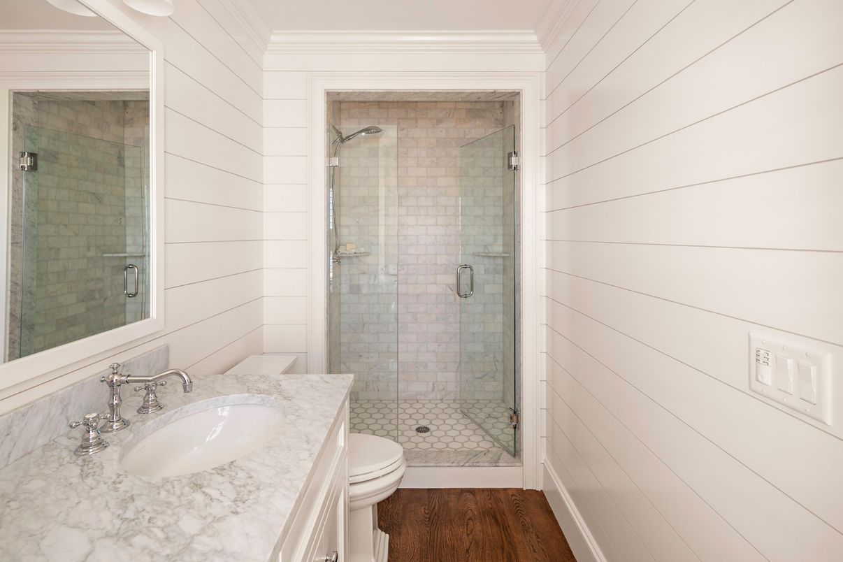 Bathroom, Glass Shower, Interior, Wood Texture Flooring