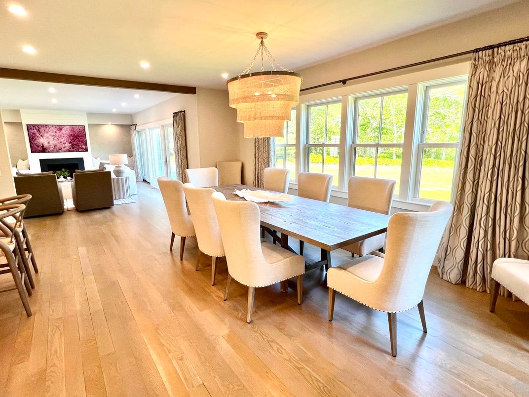 Chandelier, Dining room, Fireplace, Interior, Living room, Recessed Lighting, Wood Texture Flooring