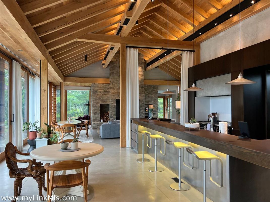 Dining room, Fireplace, Interior, Living room, Pendant Lights, Stone Walls, Wooden Beams, Wooden Ceilings