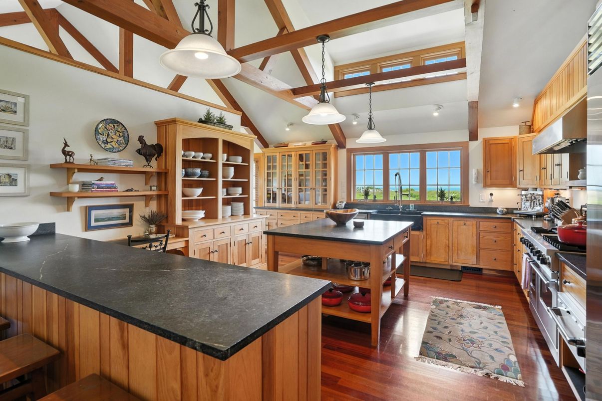 Interior, Kitchen, Pendant Lights, Recessed Lighting, Wooden Beams, Wood Texture Flooring