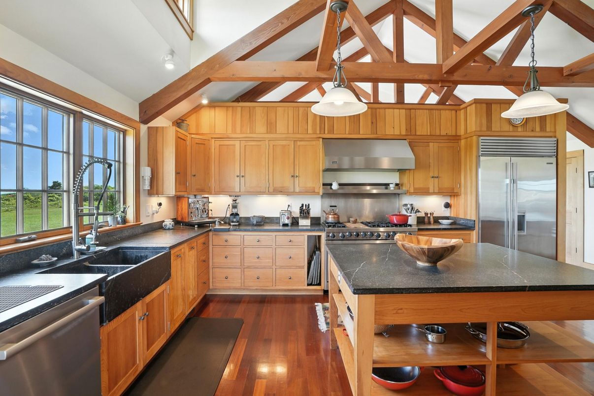 Interior, Kitchen, Pendant Lights, Stainless Steel Appliances, Wooden Beams, Wood Texture Flooring