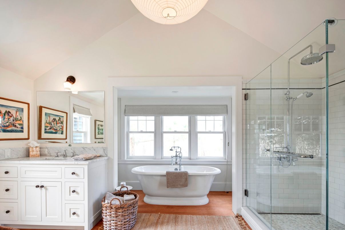 Bathroom, Free Standing Baths, Glass Shower, Interior, Wood Texture Flooring