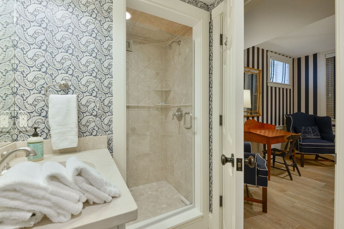 Bathroom, Glass Shower, Interior, Wood Texture Flooring