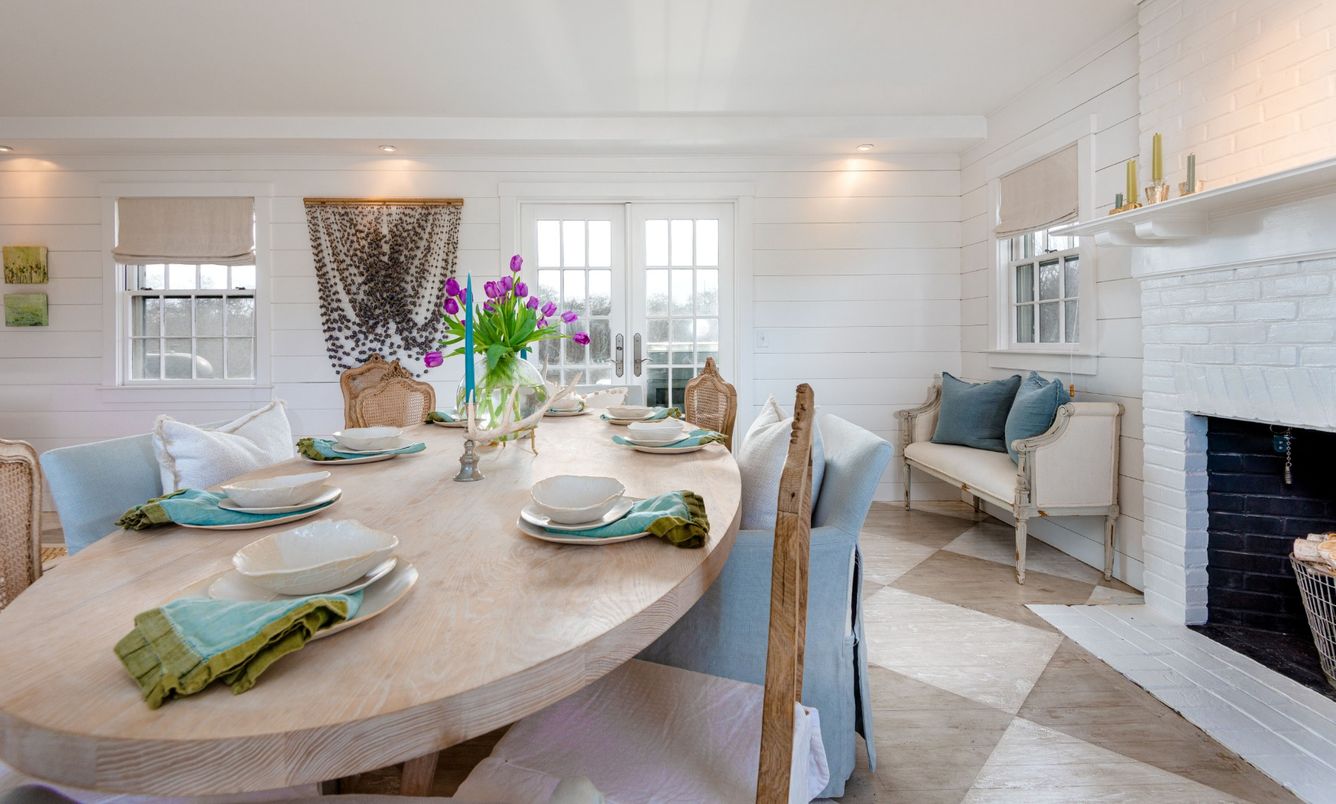 Dining room, Fireplace, Interior, Recessed Lighting, Stone Walls