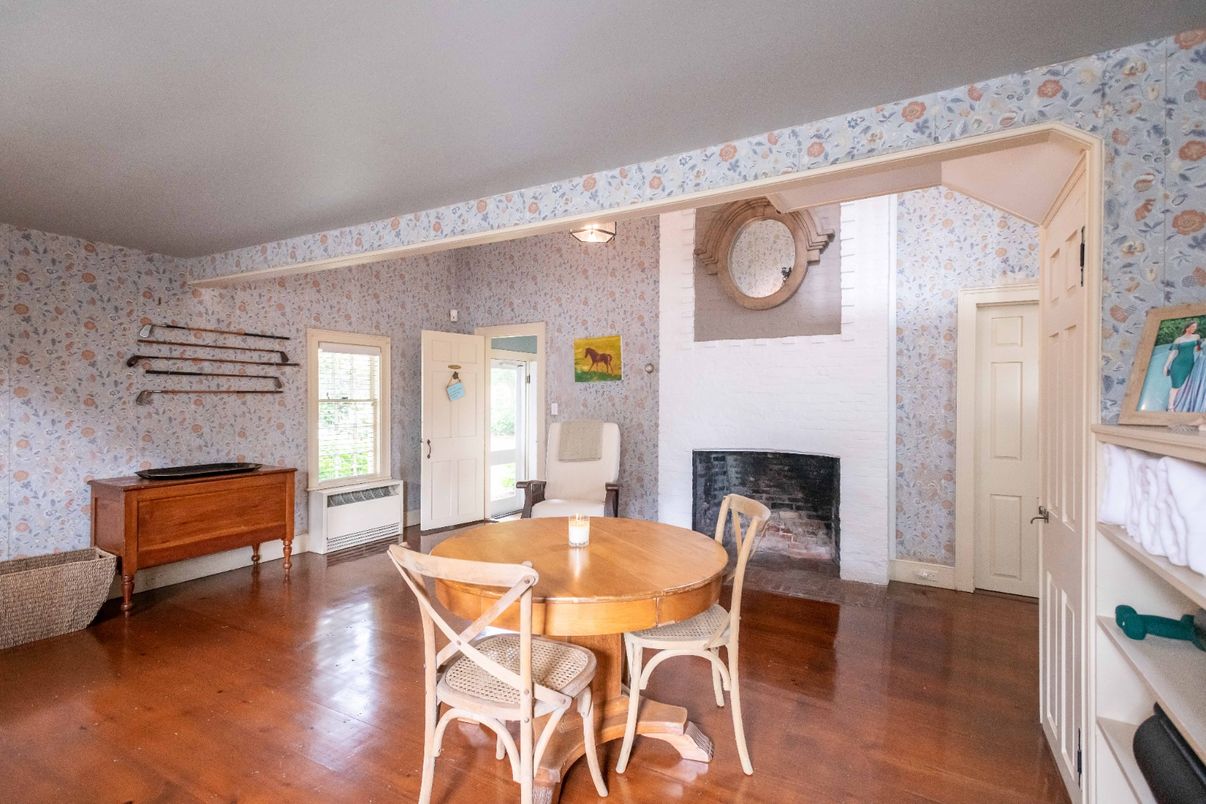 Dining room, Fireplace, Interior, Wood Texture Flooring