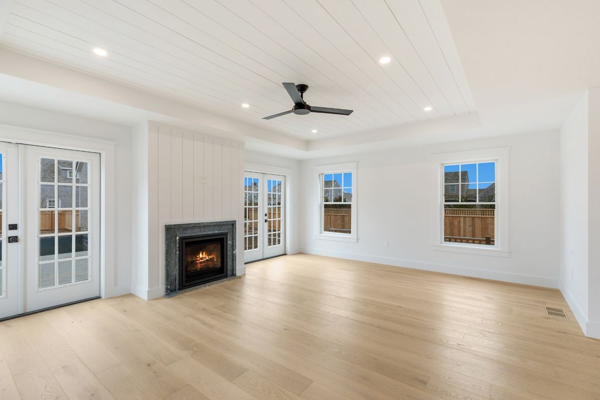 Empty room, Fireplace, Interior, Recessed Lighting, Wood Texture Flooring