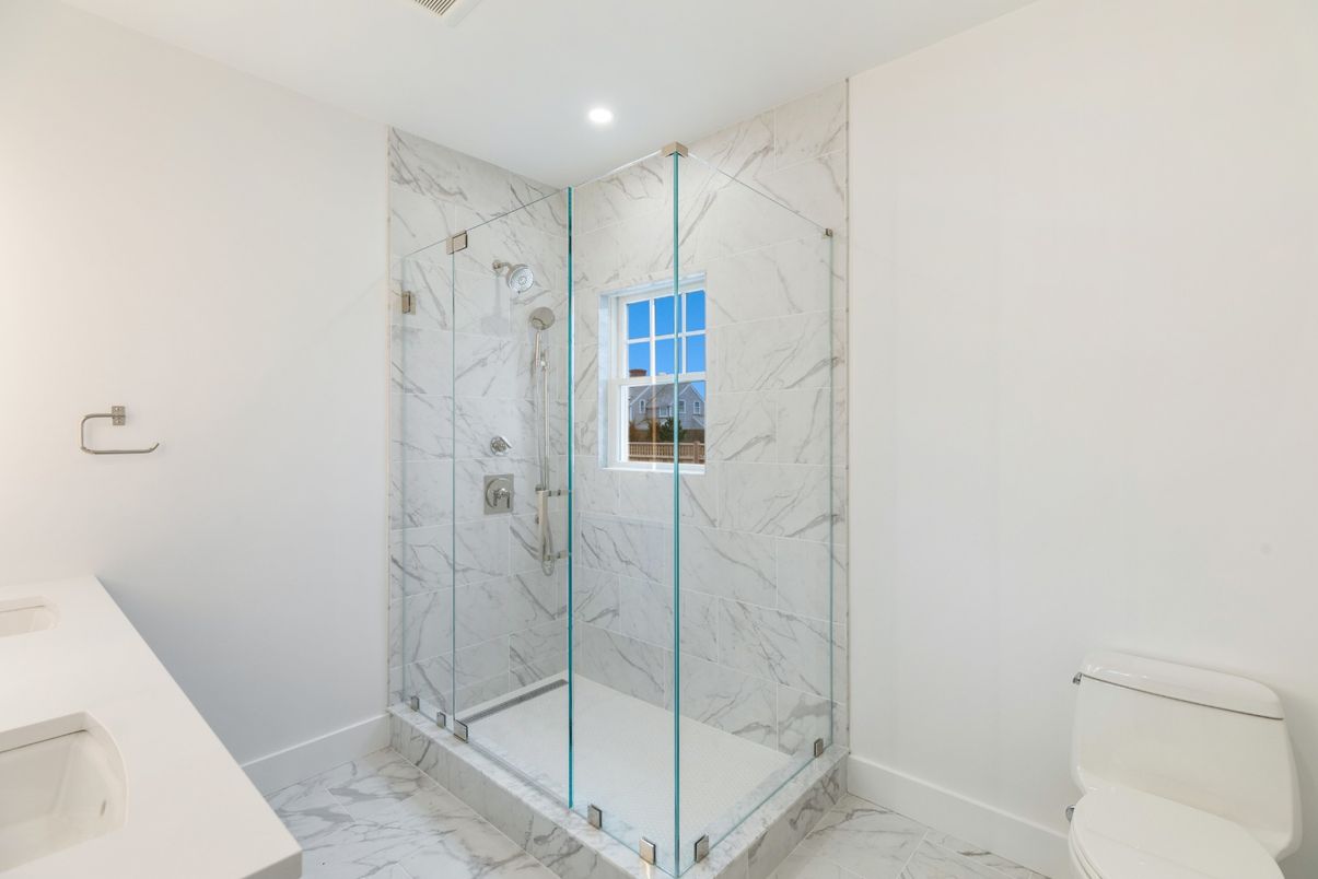 Bathroom, Glass Shower, Interior, Marble, Marble Walls, Recessed Lighting