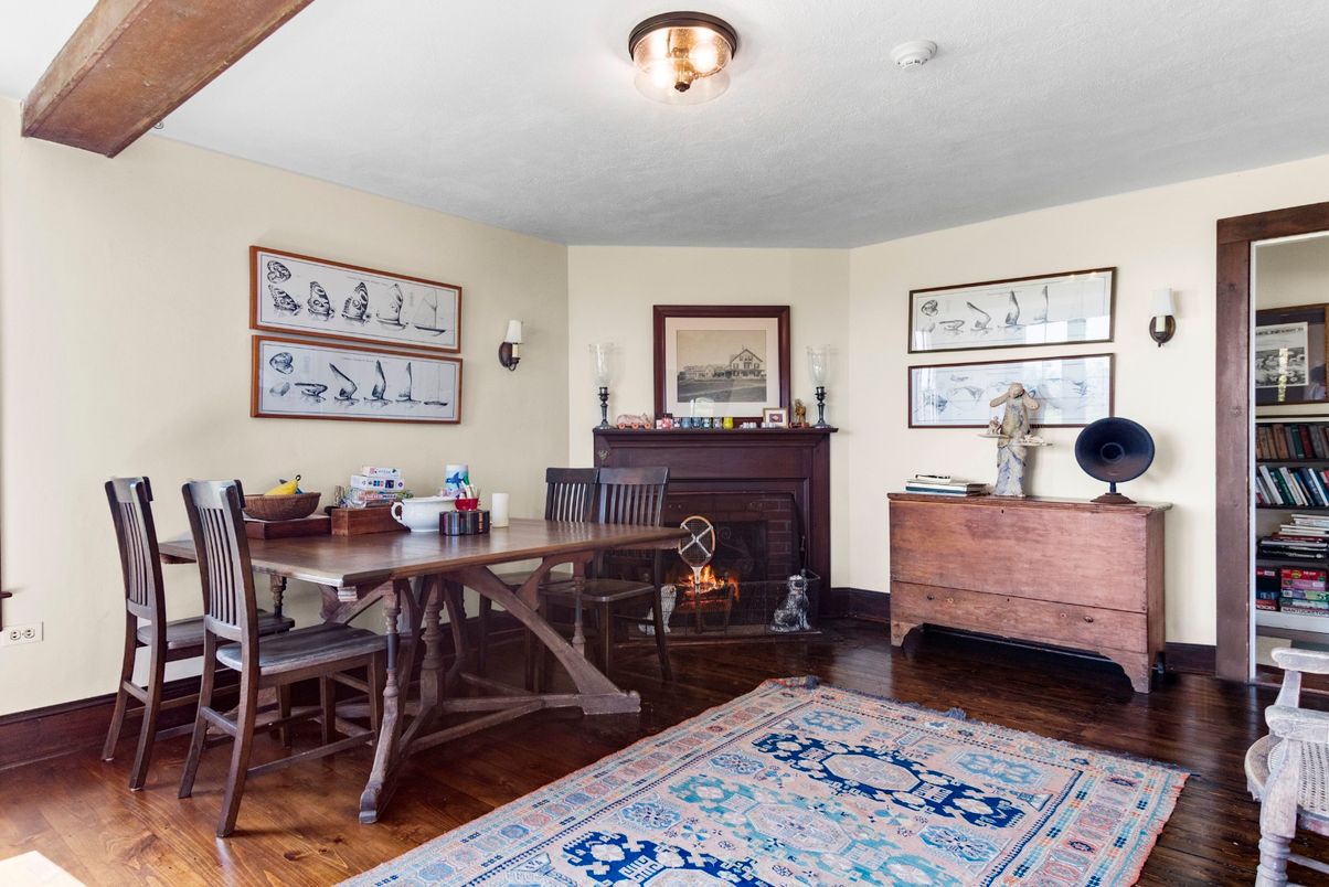 Dining room, Fireplace, Interior, Wood Texture Flooring