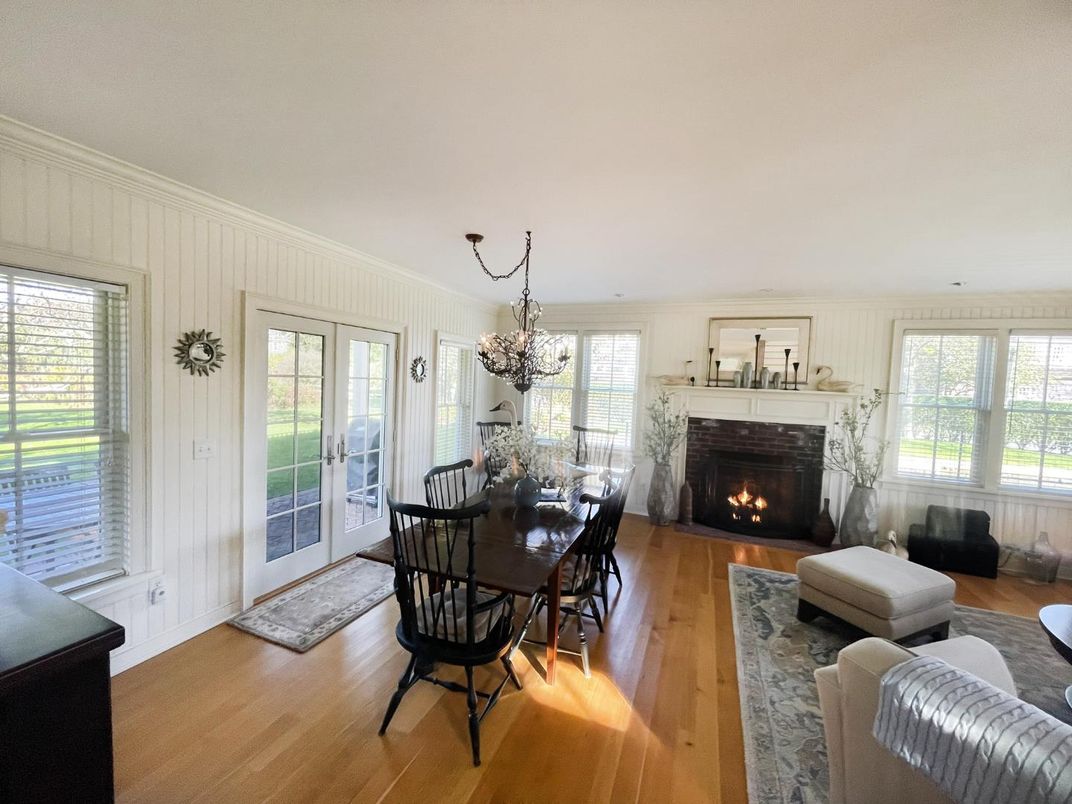 Chandelier, Dining room, Fireplace, Interior, Living room, Wood Texture Flooring