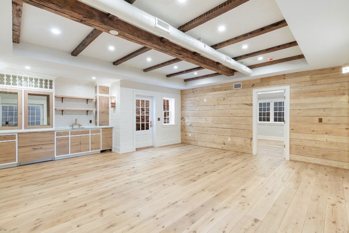 Empty room, Interior, Recessed Lighting, Wooden Beams, Wood Texture Flooring, Wooden Walls