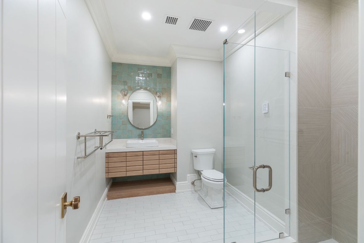 Bathroom, Glass Shower, Interior, Recessed Lighting, Wood Texture Flooring