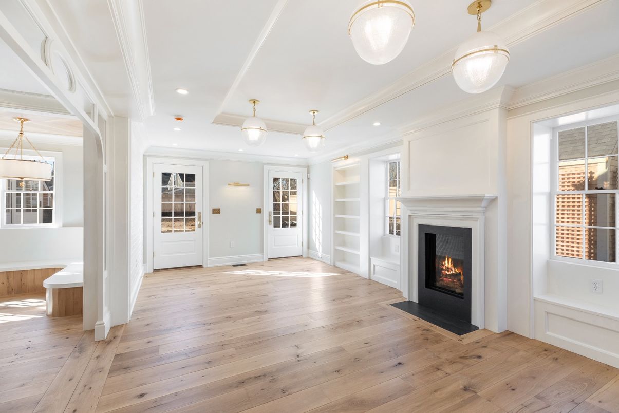 Empty room, Fireplace, Interior, Pendant Lights, Recessed Lighting, Wood Texture Flooring