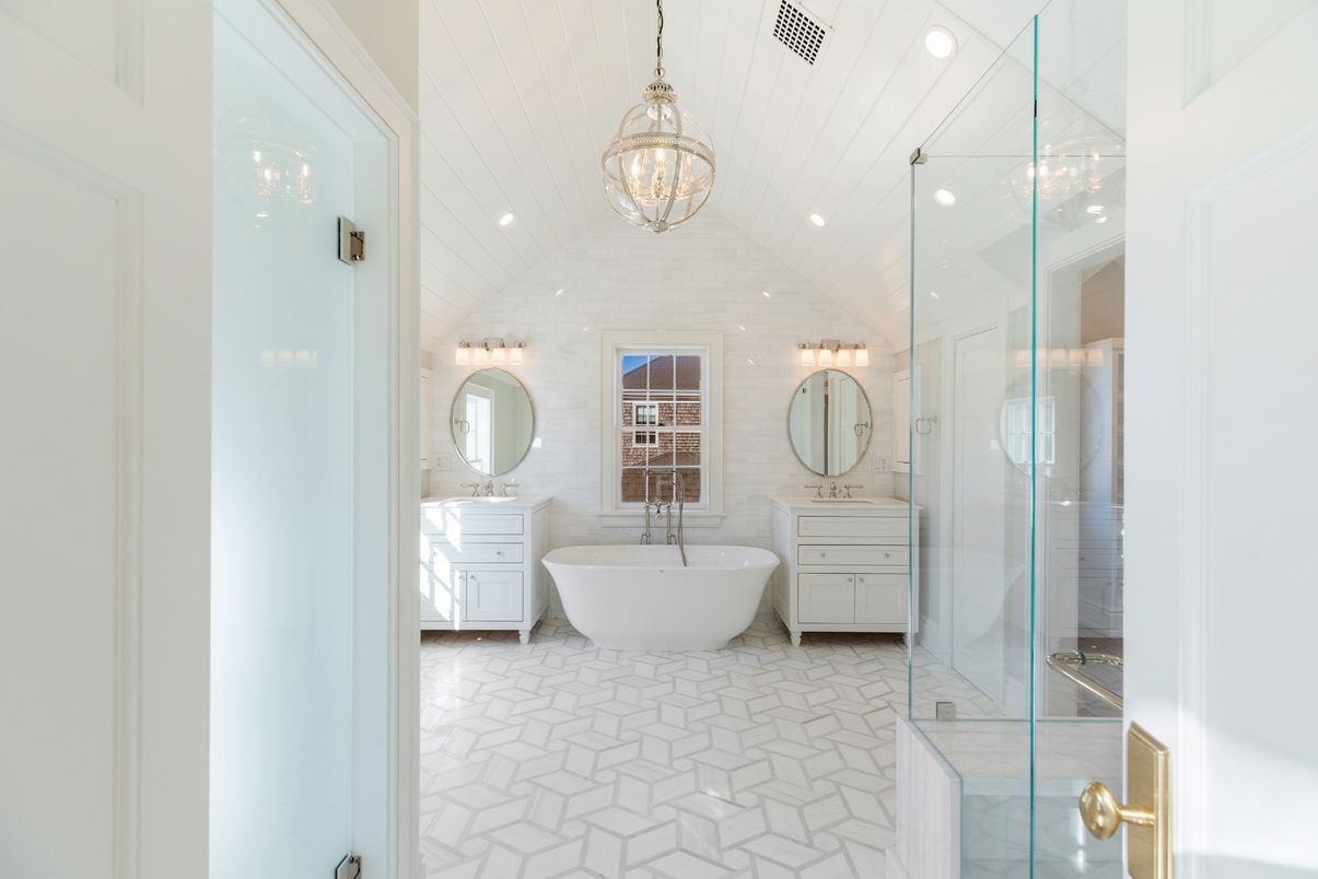 Bathroom, Dual Sink Vanities, Free Standing Baths, Glass Shower, Interior, Pendant Lights, Recessed Lighting