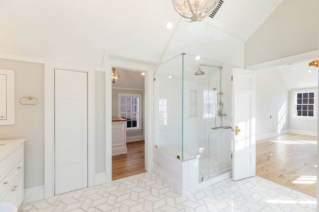 Bathroom, Glass Shower, Interior, Recessed Lighting, Wood Texture Flooring