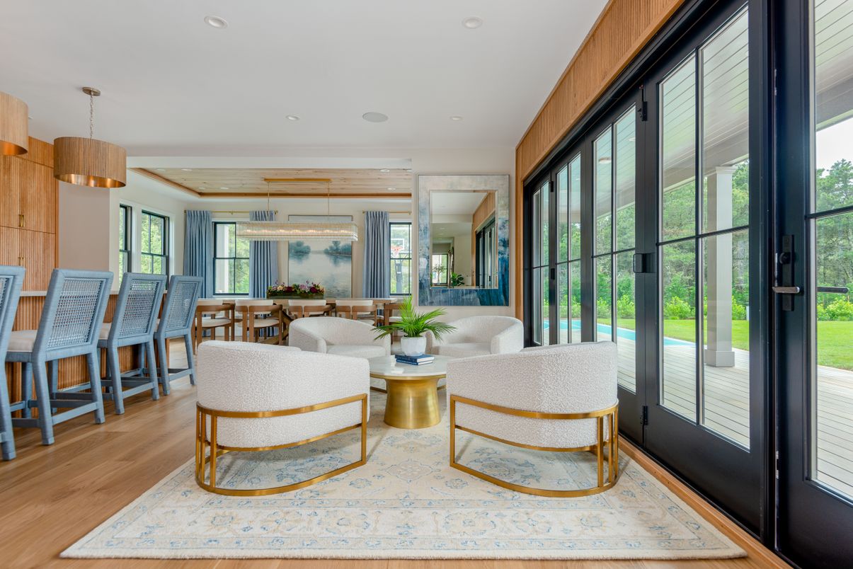 Dining room, Interior, Living room, Pendant Lights, Recessed Lighting, Wood Texture Flooring