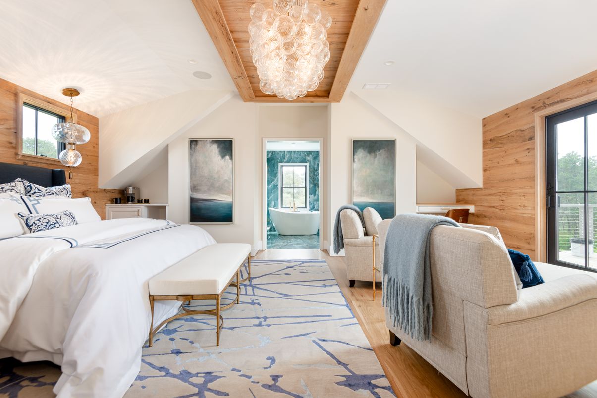 Bedroom, Chandelier, Interior, Pendant Lights, Recessed Lighting, Wooden Beams, Wooden Ceilings, Wood Texture Flooring, Wooden Walls
