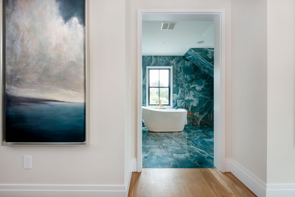 Bathroom, Free Standing Baths, Interior, Recessed Lighting, Wood Texture Flooring