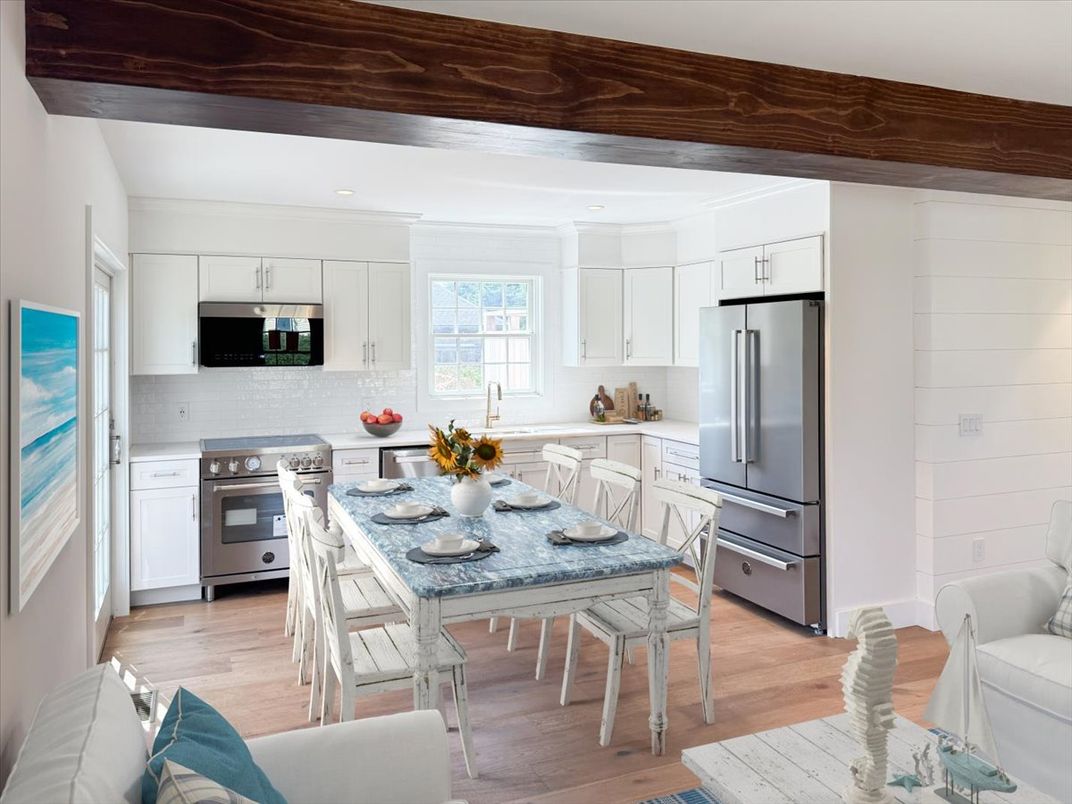 Dining room, Interior, Kitchen, Recessed Lighting, Stainless Steel Appliances, Wood Texture Flooring