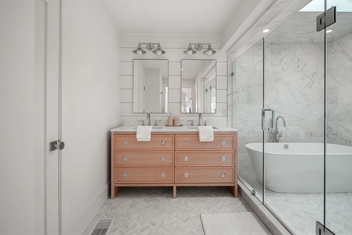 Bathroom, Dual Sink Vanities, Free Standing Baths, Glass Shower, Interior, Marble Walls, Recessed Lighting