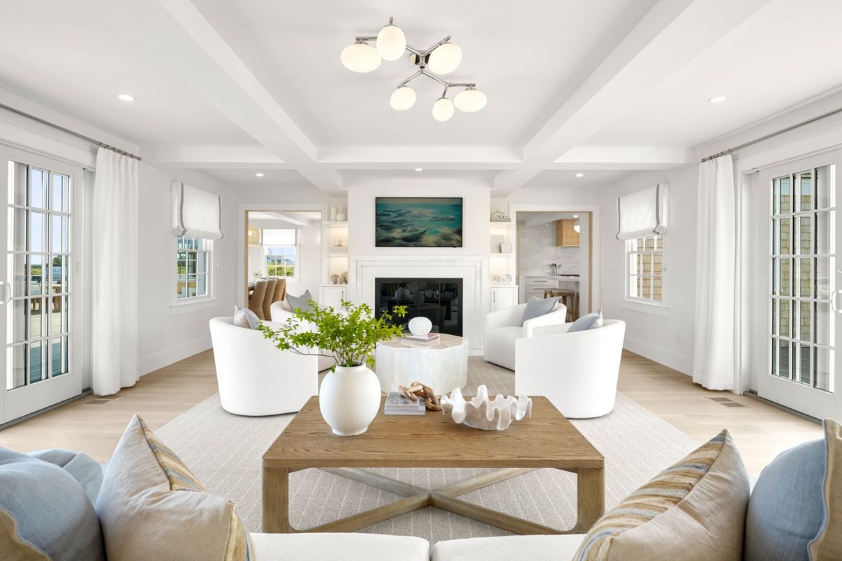 Fireplace, Interior, Living room, Pendant Lights, Recessed Lighting, Wood Texture Flooring