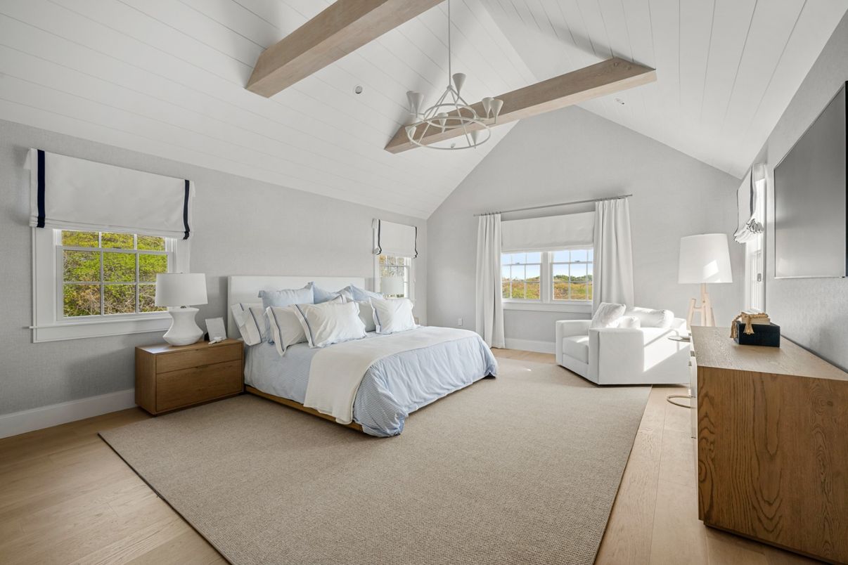 Bedroom, Interior, Pendant Lights, Wooden Beams, Wood Texture Flooring