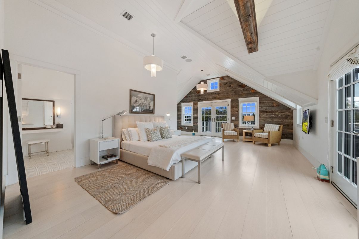 Bedroom, Interior, Pendant Lights, Wood Texture Flooring, Wooden Walls