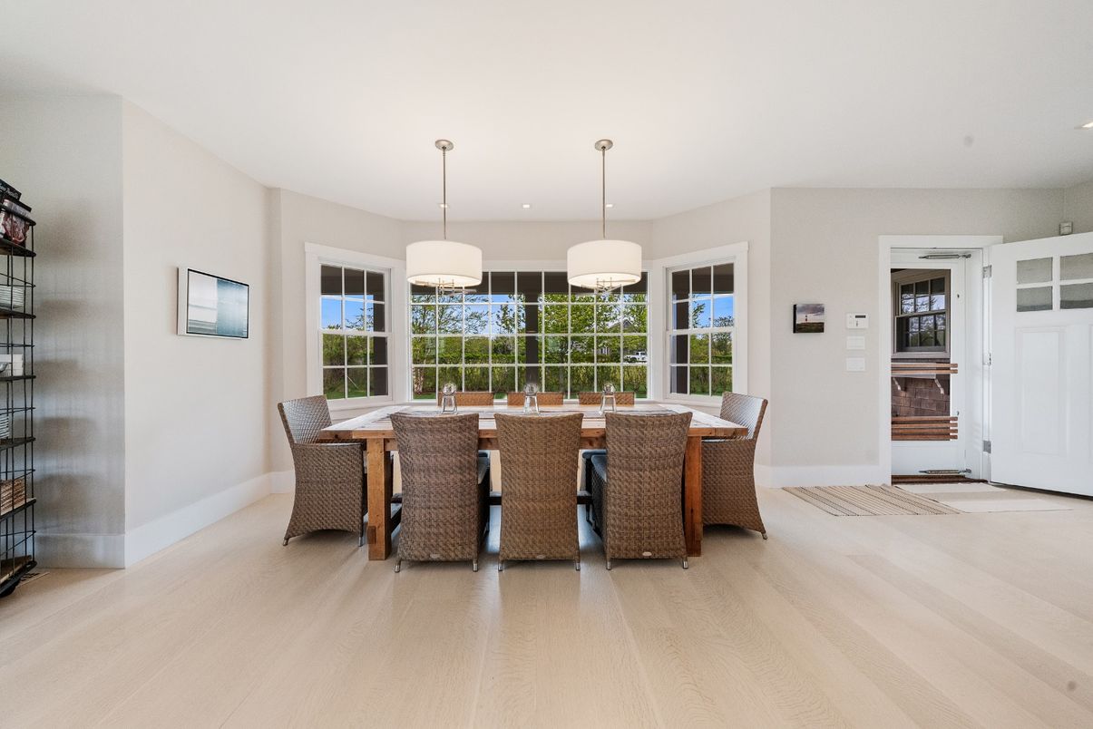 Dining room, Interior, Pendant Lights, Recessed Lighting, Wood Texture Flooring