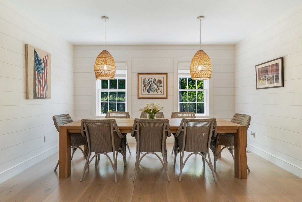 Dining room, Interior, Pendant Lights, Wood Texture Flooring