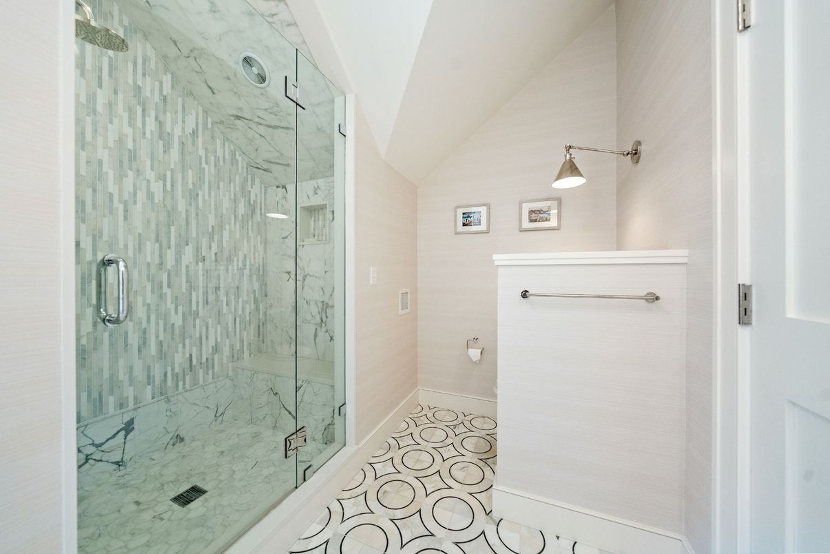 Bathroom, Glass Shower, Interior, Marble Walls, Pendant Lights