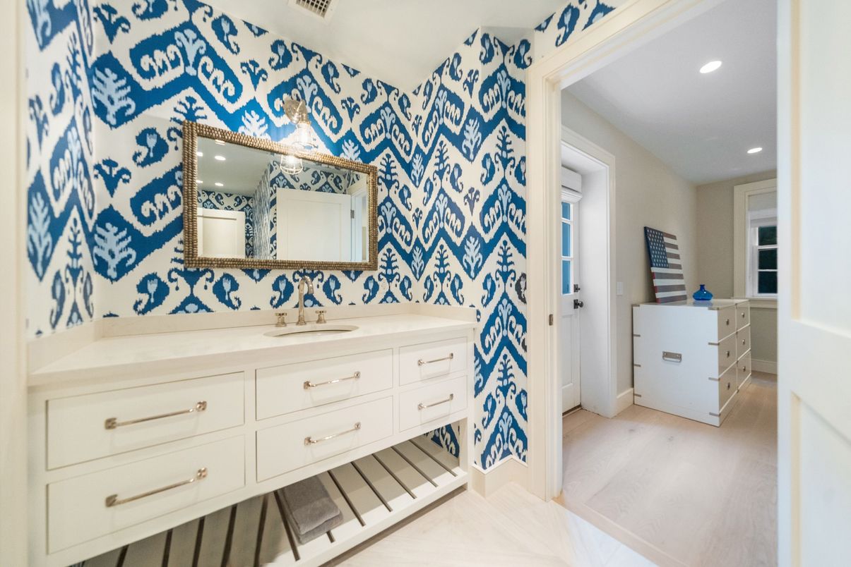 Bathroom, Dual Sink Vanities, Interior, Recessed Lighting, Wood Texture Flooring