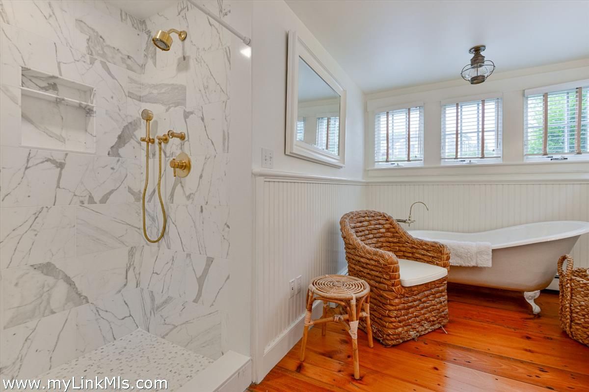 Bathroom, Free Standing Baths, Interior, Marble Walls, Wood Texture Flooring