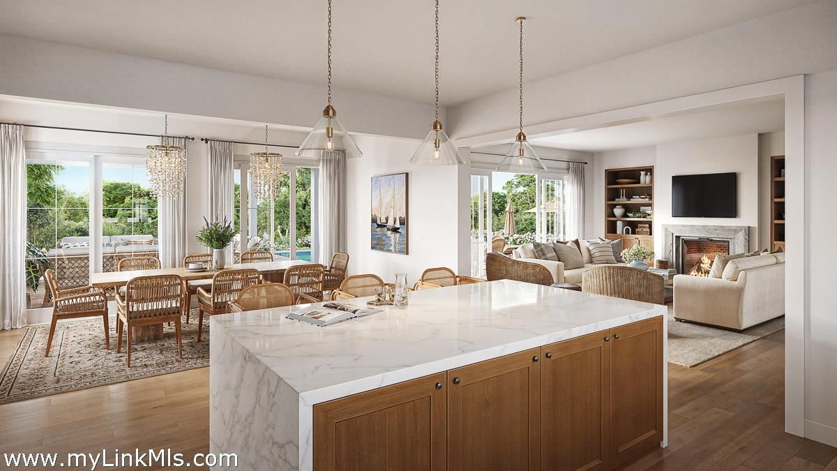 Dining room, Fireplace, Interior, Living room, Pendant Lights, Wood Texture Flooring