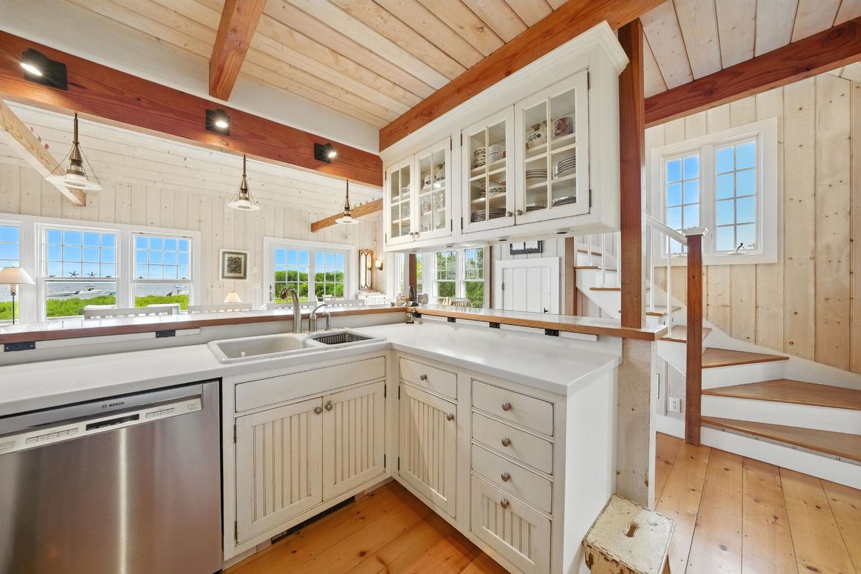 Interior, Kitchen, Pendant Lights, Stainless Steel Appliances, Wooden Beams, Wooden Ceilings, Wood Texture Flooring